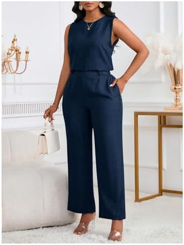 Floerns Women's 2 Piece Sets Dressy Outfits Bussiness casual Crew Neck Sleeveless Blouse and Elegant Pants Set