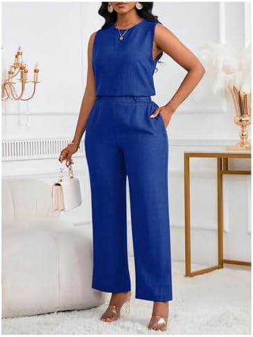Floerns Women's 2 Piece Sets Dressy Outfits Bussiness casual Crew Neck Sleeveless Blouse and Elegant Pants Set