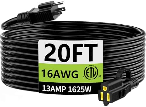 HUANCHAIN Indoor Outdoor Black Extension Cord 20FT Waterproof 16/3 Gauge