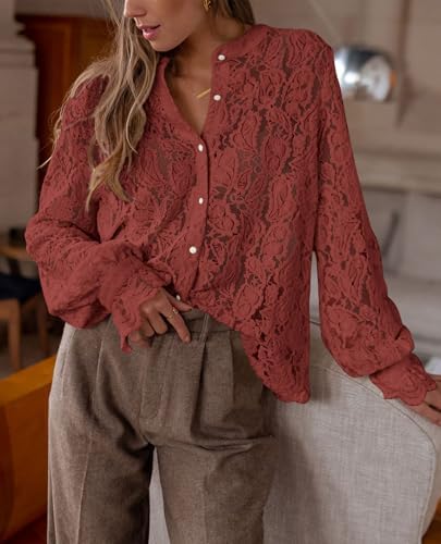 PRETTYGARDEN Women's Fall Trendy Long Sleeve Lace Tops