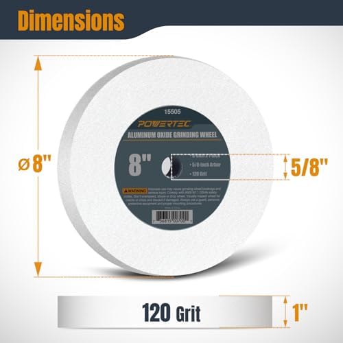 POWERTEC Bench Grinder Wheel 8 Inch 120 Grit, White Aluminum Oxide Grinding Wheel for Bench Pedestal Grinder, 1" Thick 5/8" Arbor, Sharpening & Shaping Drill Bits, Blade, and Chisel 1PK (15505)
