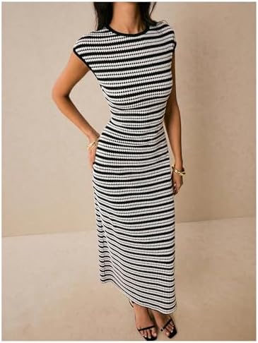 SOLY HUX Women's Striped Midi Dress Casual Work Knit Bodycon Summer Dresses