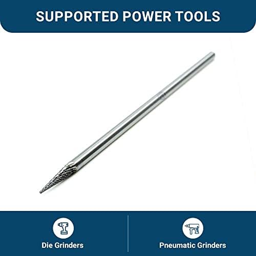 Benchmark Abrasives 6” Pointed Cone Shape Double Cut Tungsten Carbide Die Grinder Bits Metal Deburring Tool Rotary Burr, 1/4 Inch Shaft, Engraving Tool for Woodworking Shaping Carving (SM-3)