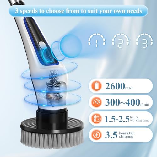 Electric Spin Scrubber,IPX7 Waterproof Cordless Cleaning Brush, Bathroom Scrubber with Adjustable Handle and 9 Replaceable Brush Heads,3-speeds,Electric Rotary Scrubber for Bathroom,Tub,Tile