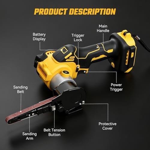Cordless Belt Sander for Dewalt 20V Battery, 3/8"x13" Mini Detail Sander with 20PCS Belts, 360° Adjustable, LED Display, Finger Sander for Wood, Paint, Metal Rust, DIY (Battery Not Included)
