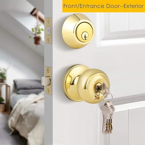 4 Pack Round Polished Brass Entry Door Knobs and Deadbolt Combination Set, Double Cylinder Deadbolt Door Lock Set, Keyed Alike, ANSI Grade 3 Security, 250,000 Cycles