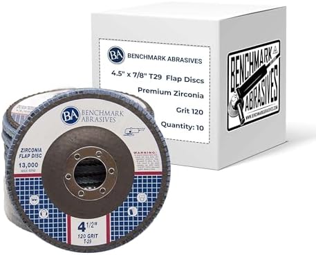 Benchmark Abrasives 4.5" x 7/8" Premium Zirconia T29 Angled Flap Discs 4 1/2 for Angle Grinder, Sanding Discs, Finishing, Rust, Stock Removal- Grinding Wheels 4 1/2 Inch (10 Pack) - 120 Grit