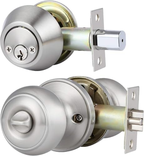 1 Pack Keyed Alike Entry Door Knob and Deadbolt Set, Satin Nickel Double Cylinder Deadbolt Lock Set, Round Style Door Knobs Deadbolt for Exterior/Front Door