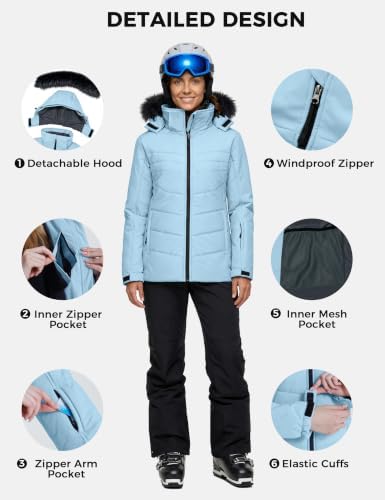 Skieer Women's Ski Jacket Waterproof Warm Puffer Thick Hooded Winter Coat