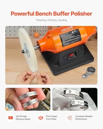 VEVOR 3/4HP Bench Buffer Polisher, 8-inch Bench Polishing Buffing Machine, 3450RPM Single Speed Benchtop Polisher with 2PCS Cloth Wheels & Cast Iron Base for Metal, Jewelry, Wood Polishing