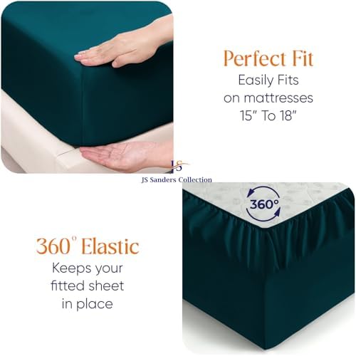 JS Sanders Collection 600TC Flex Top Queen Sheets for Sleep Number Bed - 100% Cotton 4 Pcs Top Split Queen Sheets for Adjustable Bed Queen 30 Inch Down Teal -18 Inch Deep