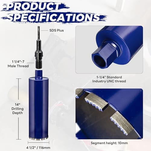 4-1/2" Pro Concrete Core Drill Bit with SDS Plus Adapter (1-1/4"-7 Thread) - 14" Cutting Depth & Upgraded Welded Core Bits for Concrete with Rebar, Brick, Masonry,Stucco,Mortar,Wet Coring