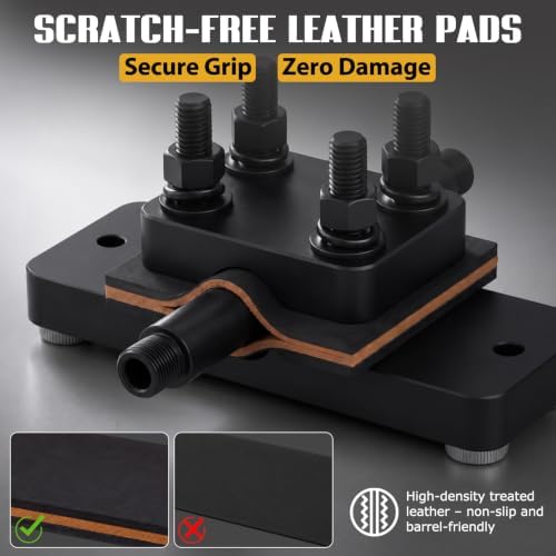 Heavy Duty Barrel Vise Tool with Scratch Free Protective Leather Pads, Fits 0.67" to 1.375" Outside Diameter, Durable Steel Construction with High Strength 8-Grade Bolts Black