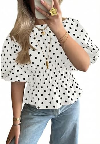 Cicy Bell Women Polka Dot Peplum Blouse Round Neck Puff Sleeve Summer Top