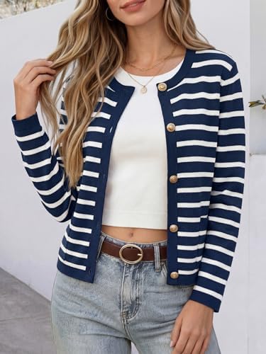 ANRABESS Women's Button Down Cropped Striped Cardigan Sweaters