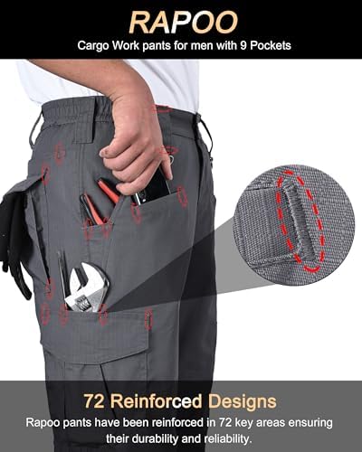 Rapoo Men's Ripstop Cargo Pants Work Pants EDC with 9 Pockets Hiking Pants