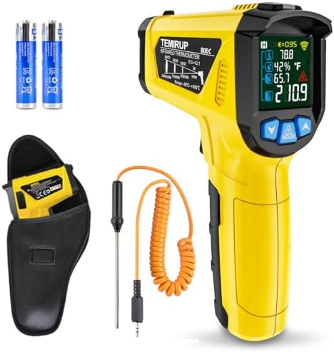 Infrared Thermometer Temperature Gun, -58°F to 1472°F, Digital Laser Thermometer Gun with Probe for Cooking, Pizza Oven, Grill & Engine, IR Thermometer Temp Gun with Adjustable Emissivity & Humidity