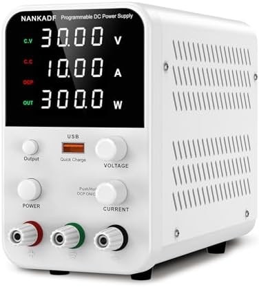 DC Power Supply Variable, Bench Power Supply with Encoder Adjustment Knob, Output Enable/Disable Button, Adjustable Power Supply with USB Quick-Charge, Short Circuit Alam (30V 10A White)