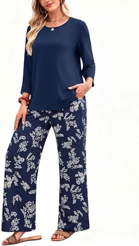 WIHOLL Two Piece Sets for Women Lounge 3/4 Length Sleeve Womens Tops Graphic Pants with Pockets Summer Outfits 2026