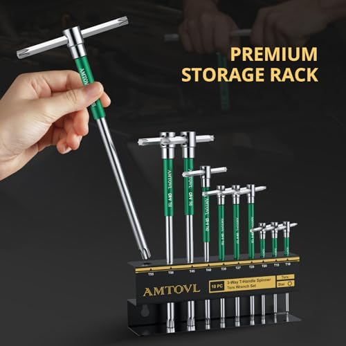 AMTOVL T-Handle Star Wrench Set - TORX, 10 Pcs T10-T55, Sliding Handle, | Chrome Vanadium Steel, with Aluminum Alloy Sleeves & Steel Storage Rack, for DIY, Mechanics, and Bicycle Enthusiasts