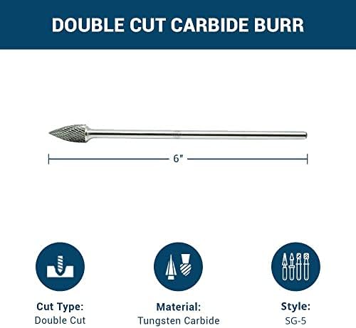 Benchmark Abrasives 6” Pointed Tree Shape Double Cut Tungsten Carbide Die Grinder Bits Metal Deburring Tool Rotary Burr, 1/4 Inch Shaft, Engraving Tool for Woodworking Shaping Carving (SG-5)