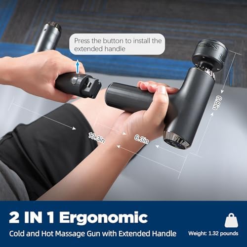 Massage Gun with Heat and Cold, 2 in 1 Portable Mini Muscle Massager with Extended Handle, Handheld Electric Percussion Deep Massager Tissue Massage Gun for for Home Gym
