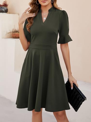 Mokayee Womens Summer V Neck Ruffle Short Sleeve Fit and Flare Knee Length Church Wedding Guest Dresses with Pockets