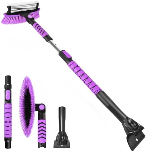 3 in 1 Snow Brush with Ice Scraper for Car Windshield Extendable, SUV Snow Removal with Squeegee Heavy Duty, 180° Rotating Head Car Window Cleaner for Winter 43 inch