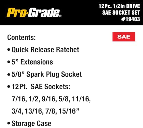 Pro-Grade 12-Piece 1/2in Drive SAE Socket Set with Storage Case, Heat-Treated Chrome Vanadium Steel, Nickel Chrome Plated, Professional Grade, 19403