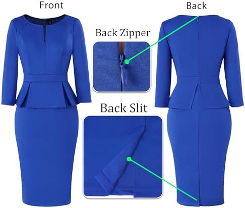VFSHOW Womens Work Business Office Front Zipper Peplum Church Sheath Dress