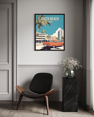 South Beach Florida Wall Art Print Poster, US Vintage Retro Beach Scenery Posters Prints for Restroom Home Picture Painting Artwork Gallery 219 (South Beach Florida, 14" L x 11" W, Black Frame)