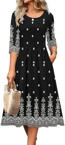 Zeagoo 3/4 Sleeve Women's Dress Casual Aline Summer Fall Midi Long Dresses