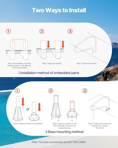 VEVOR Pool Rail, 48 x 32 inch Pool Handrail, 220 lbs Load Capacity Heavy Duty Stainless Steel Swimming Handrail, Seamless Welding, Recessed or Base Mount, for Poolside, Water Parks, Spa Centers