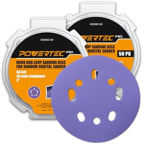 POWERTEC PRO 100PK, 5 Inch Sanding Discs Hook and Loop, 80 Grit, Zirconia Orbital Sander Sandpaper for 5 & 8 Hole Random Orbital Sanders - Automotive, Paint, Metal, Woodworking (45308Z-50-P2)