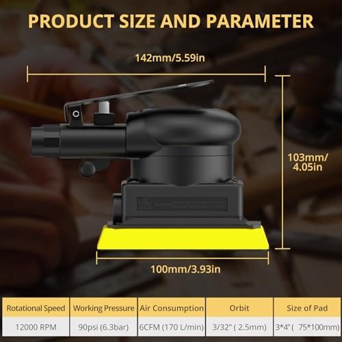 AMTOVL Pneumatic Random Orbital Sander – 3 x 4-inch Air Sander, 12000 RPM