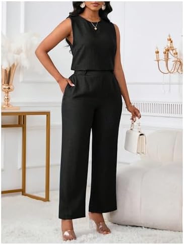 Floerns Women's 2 Piece Sets Dressy Outfits Bussiness casual Crew Neck Sleeveless Blouse and Elegant Pants Set