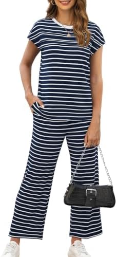 WIHOLL Two Piece Sets for Women Summer Spring Travel Vacation Outfits Cap Sleeve Lounge Matching Sets Wide Leg Pants S-3XL