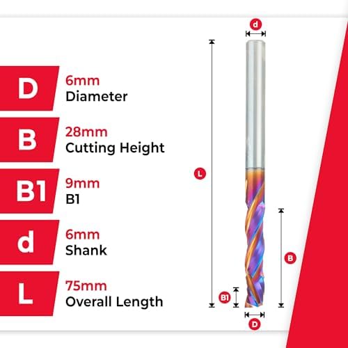 Amana Tool CNC SC Spektra Extreme Tool Life Coated Compression Spiral, 48322-K, 6mm D x 28mm CH x 6mm SHK x 75mm Long 3 Flute Router Bit