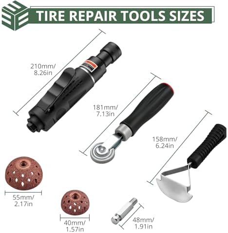 EYPINS Air Tire Buffer Full Kit - 2500RPM Air Tire Grinder with 40mm 55mm Tungsten Steel Buffing Wheel Head, Tire Inner Linner Scrapper, Patch Roller, Quiet Pneumatic Tire Repair Tools for Garage
