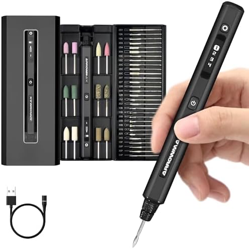 AM ARROWMAX Mini Engraving Pen, HollowCup Motor, 42 Bits with Aluminum Case, OLED, Magnetic Charge, Mini Cordless Rotary Tool, Engraving Pen for Bead, Metal, Wood, Glass and Plastic (SGS),Black