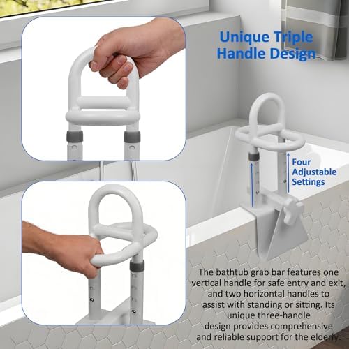 Triple Grip Bathtub Safety Rail, 16.5-19.7 Inch Height Adjustable Bathtub Handrail, Shower Support Handle for Side of Tub, Handicap Shower Safety Grab Bar for Seniors Elderly