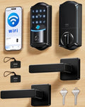 Veise VE027-L WiFi Smart Lock with Handles Set for Front Door, Matte Black | Remote APP Control, Fingerprint Voice & Fob Unlock, Touchscreen Keyless Entry Door Lock with Lever, No Hub Need, Auto Lock
