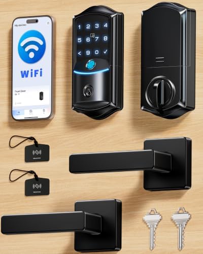 Veise VE027-L WiFi Smart Lock with Handles Set for Front Door, Matte Black | Remote APP Control, Fingerprint Voice & Fob Unlock, Touchscreen Keyless Entry Door Lock with Lever, No Hub Need, Auto Lock