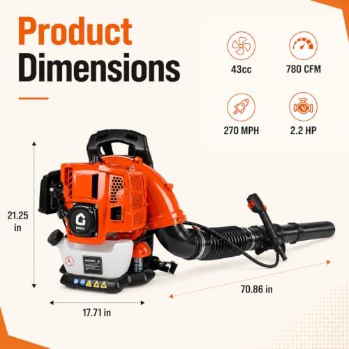 GarveeTech 43CC Gas Backpack Leaf Blower, 780CFM 270MPH for Yard Cleanup