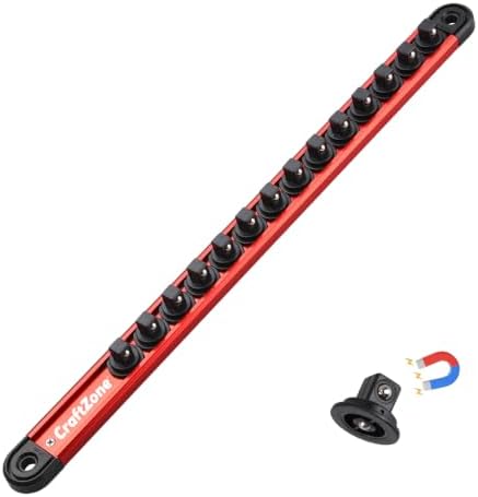 Magnetic Socket Organizer – 3/8-Inch Drive Aluminum Alloy Socket Rail | Heavy Duty Socket Holder & Ratchet Organizer | Socket Organizer for Tool Box Drawer with 14 Clips (Red) | Magnetic Socket Organizer