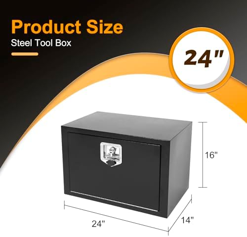 24 Inch Underbody Truck Box Steel Storage Tool Box,24 x 14 x 16 Tool Chest Organizer w/Lock and Keys For Pickup,Truck Bed, RV, Trailer,Heavy Duty Waterproof Black box