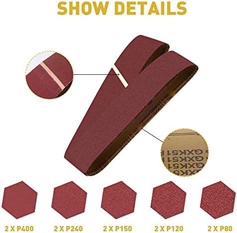 Sanding Belts 4 x 36 Kit, Aluminum Oxide Sanding Belts, Sander Belts 4x36 80-400 Grits 10 Pack and 6 Inch No-Hole Self Stick Oxide Sanding Disc Paper 80-400 Grits 12 Pack (22 Pcs)