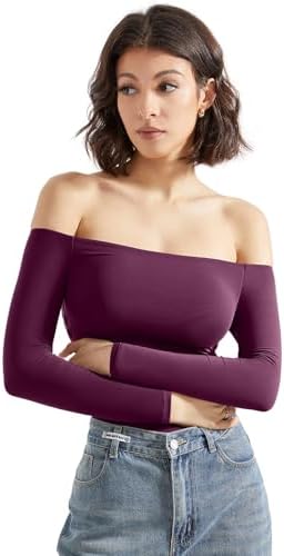 SUUKSESS Women Off Shoulder Long Sleeve Bodysuits Double Lined Basic Tops