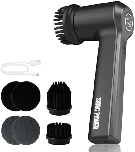 SonicPower Electric Spin Scrubber – Handheld & Ergonomic, IPX7 Waterproof, 4 Multi-Purpose Brush Heads, Long-Lasting Rechargeable Battery – Cleans Dishes, Bathroom, Tile, Grout & Kitchen (Black)
