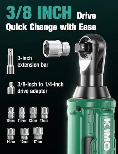 KIMO 20V Electric Ratchet Wrench 3/8, 89Ft-lbs 400RPM Cordless Ratchet Wrench Set w/Variable Speed, 2x2.0Ah Battery Power Ratchet Wrenches, 7Sockets, 3/8"to1/4" Adapter, 3"Extension Bar, Fast Charger